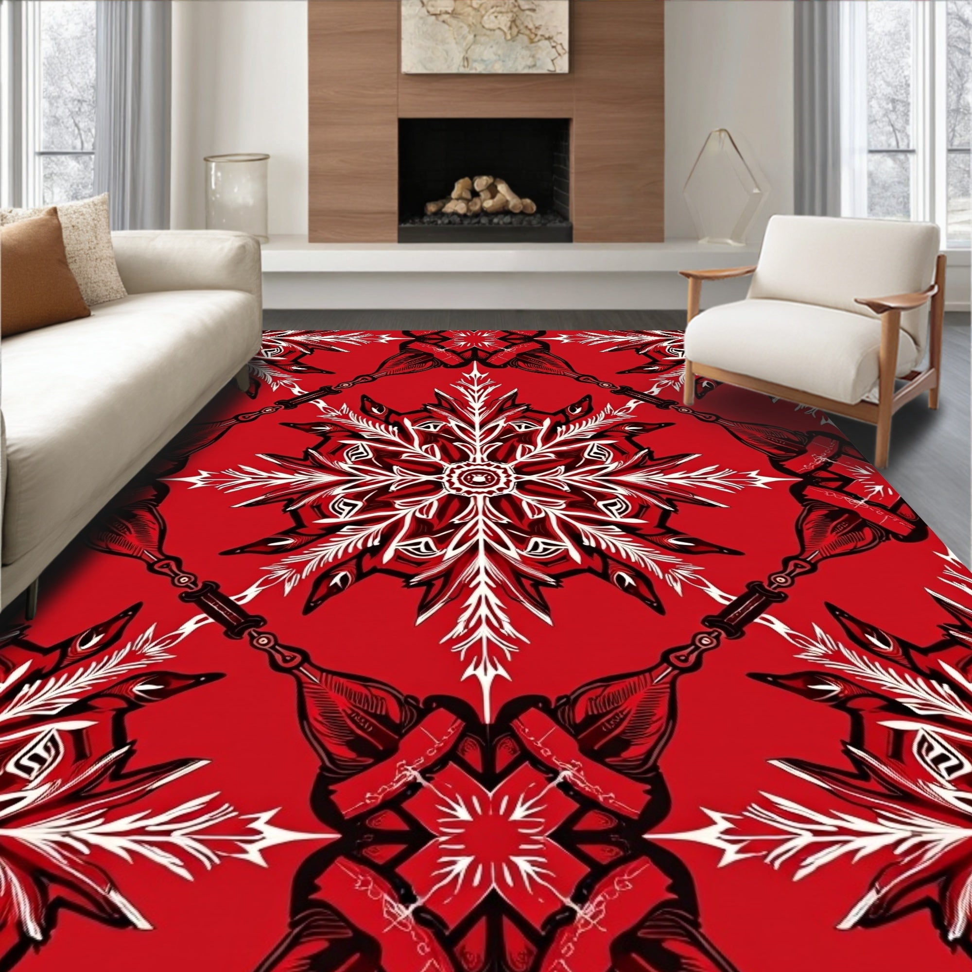 Crimson Starburst Mandala Red Black White Rug