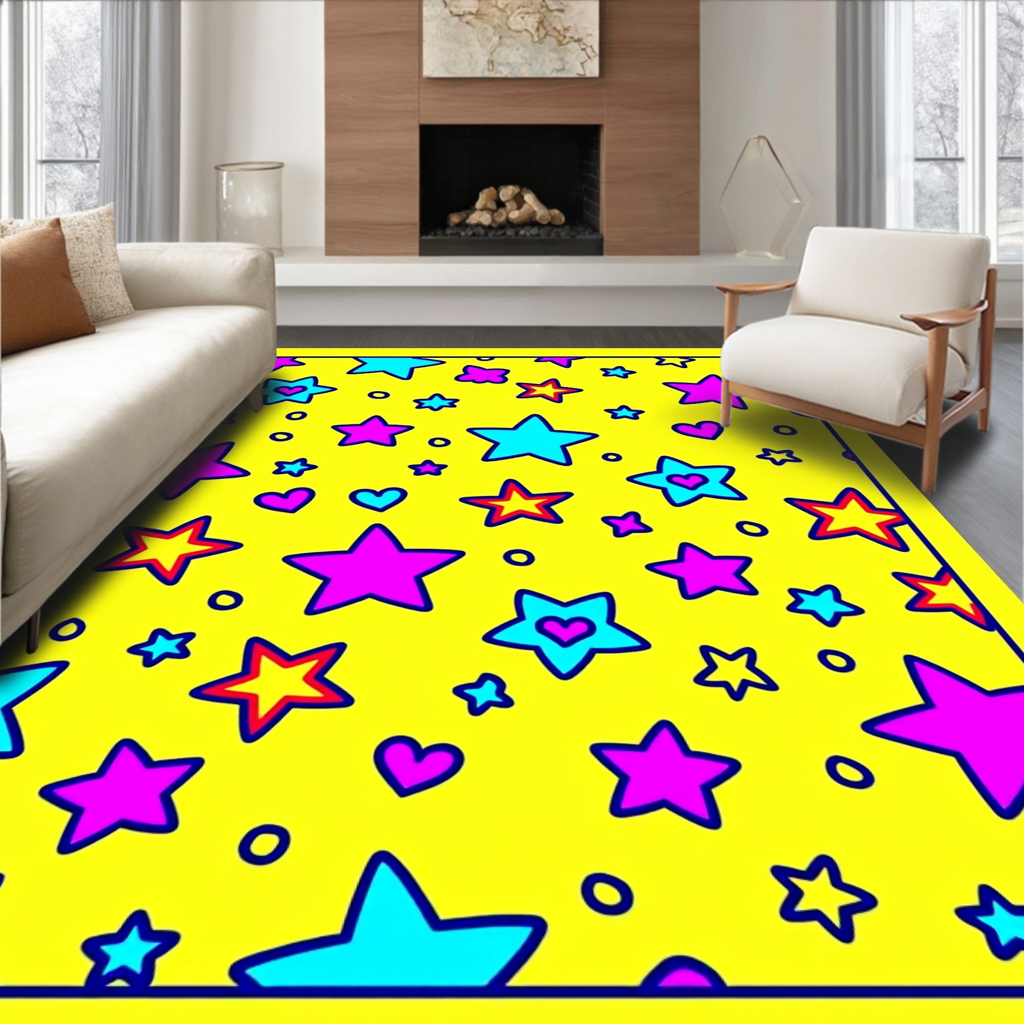 Vibrant Yellow Stars Hearts Rug