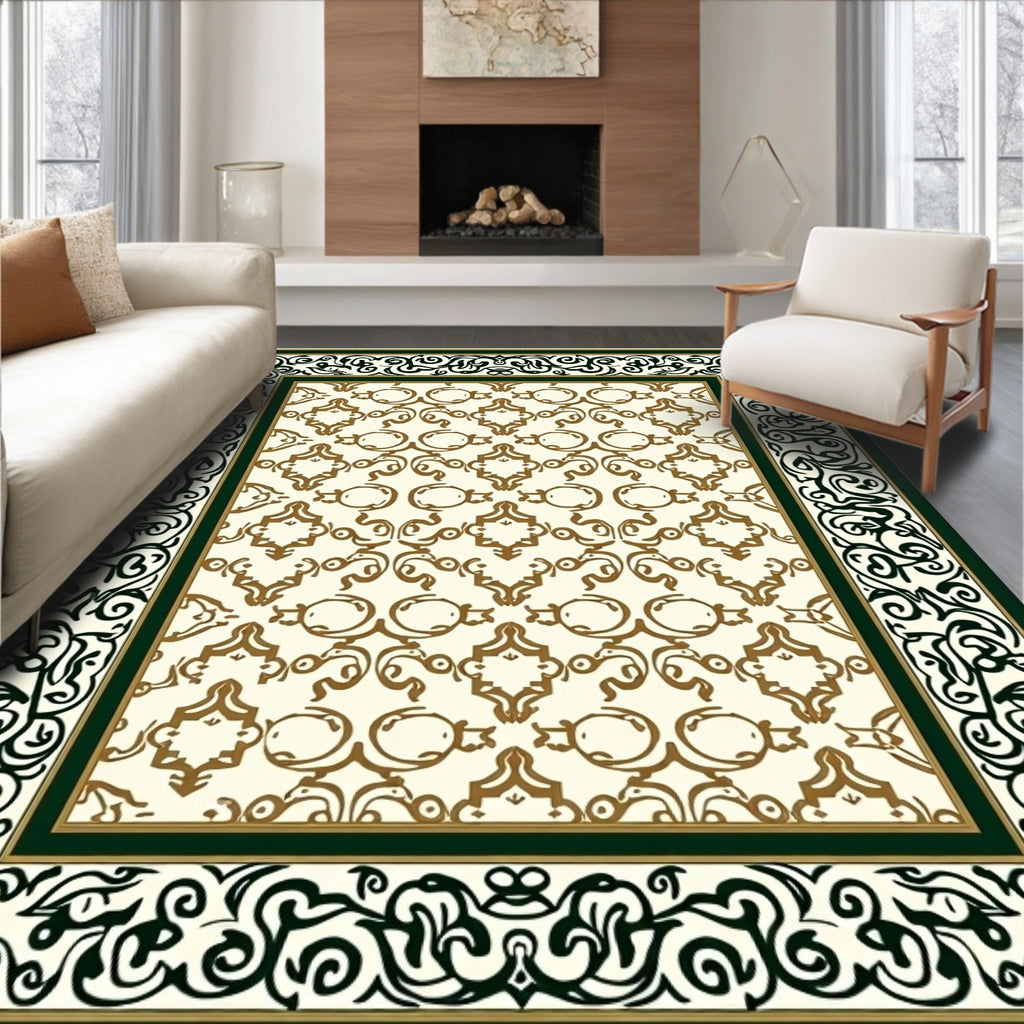 Elegant Ivory Bronze Scroll Border Rug