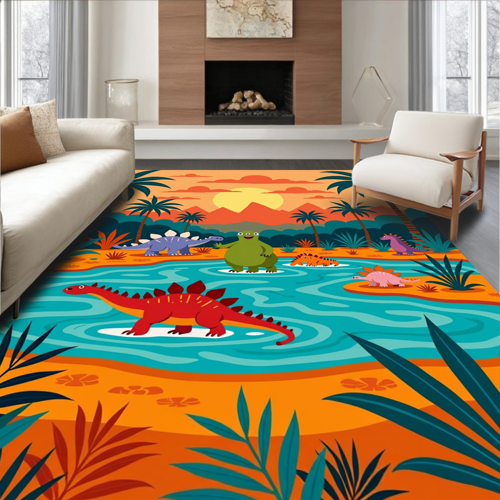 Whimsical Dinosaur Jungle Sunset Rug