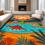 Whimsical Dinosaur Jungle Sunset Rug