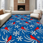 Crimson Cardinals Snowflakes Blue Rug