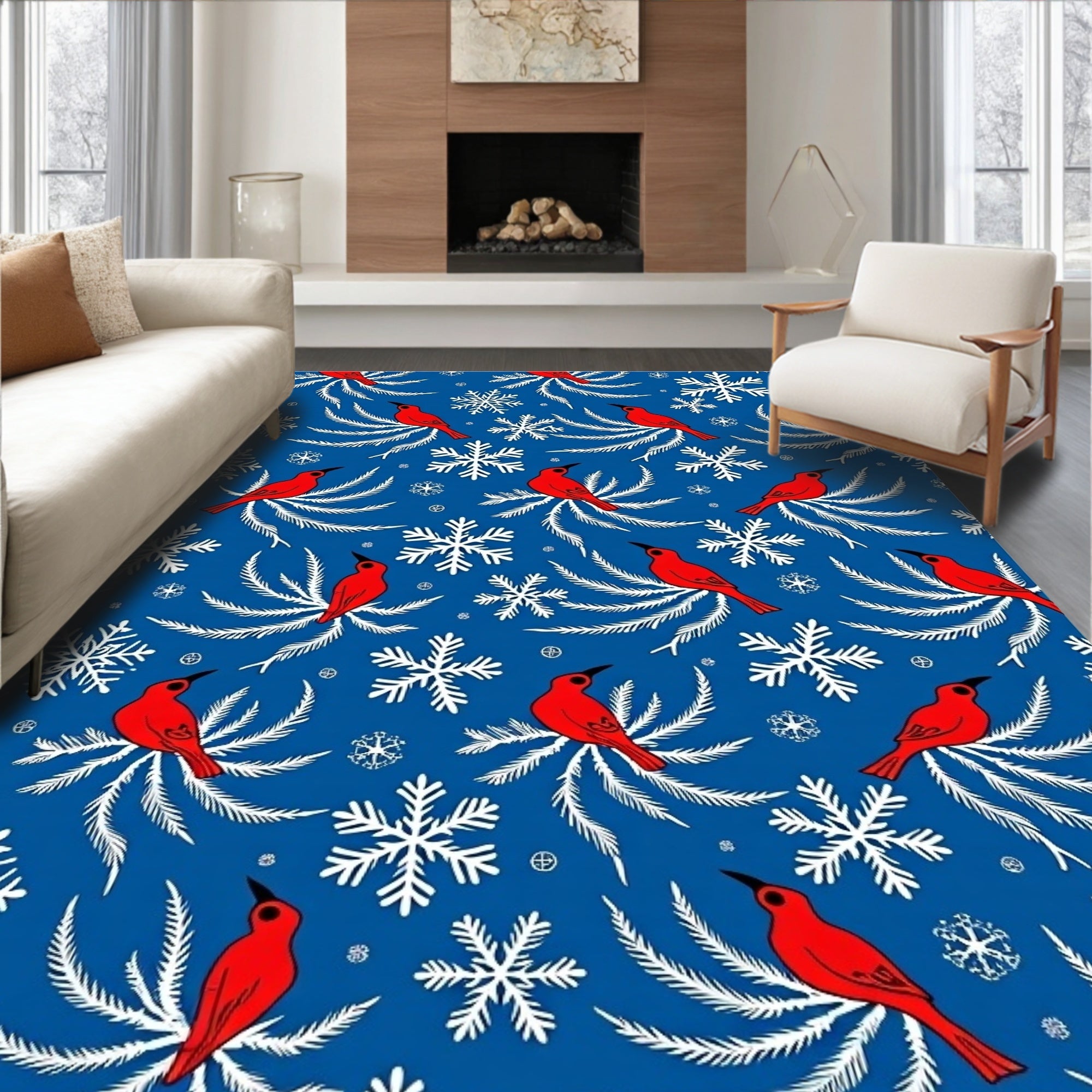 Crimson Cardinals Snowflakes Blue Rug