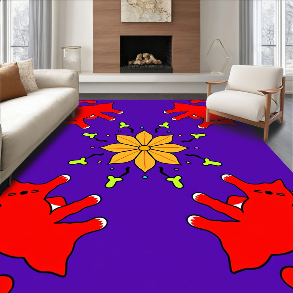 Vibrant Red Cats Yellow Bloom Medallion Rug