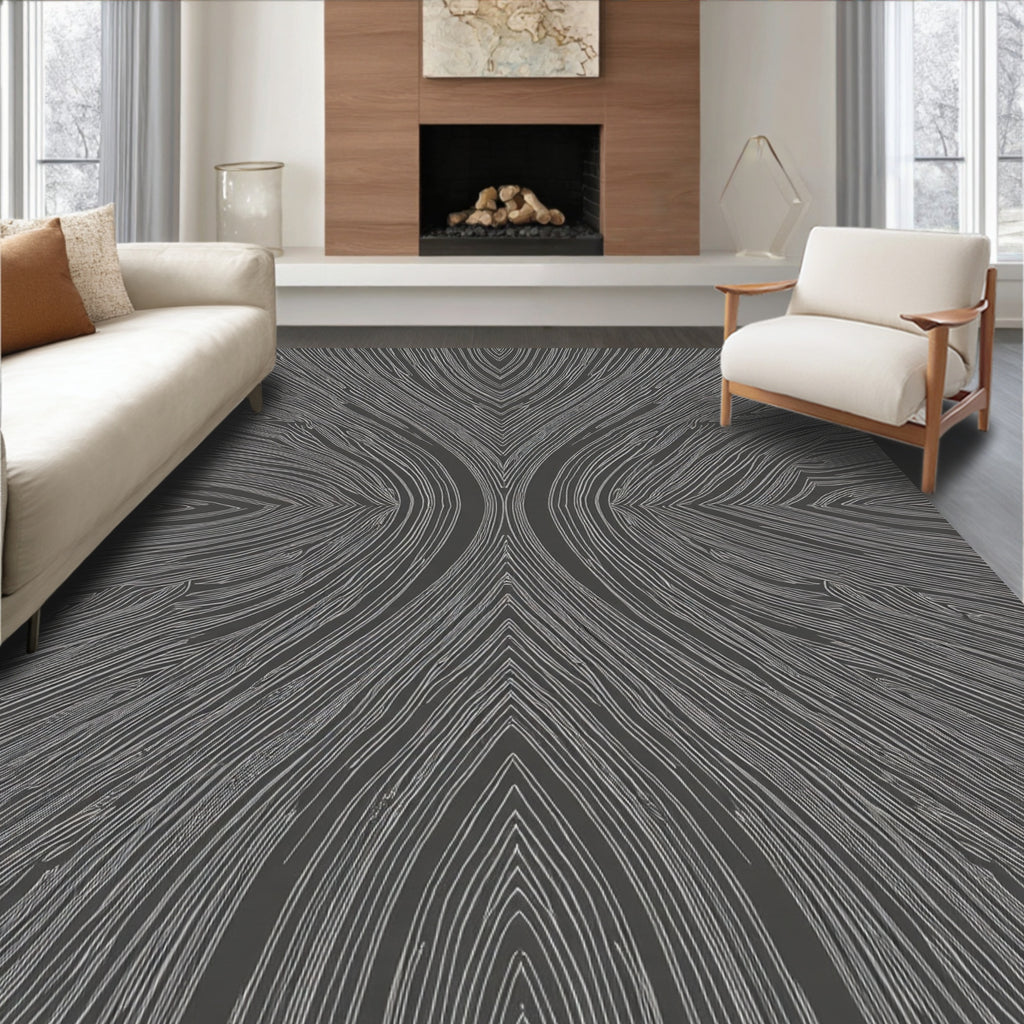 Dark Gray Abstract Wood Grain Rug
