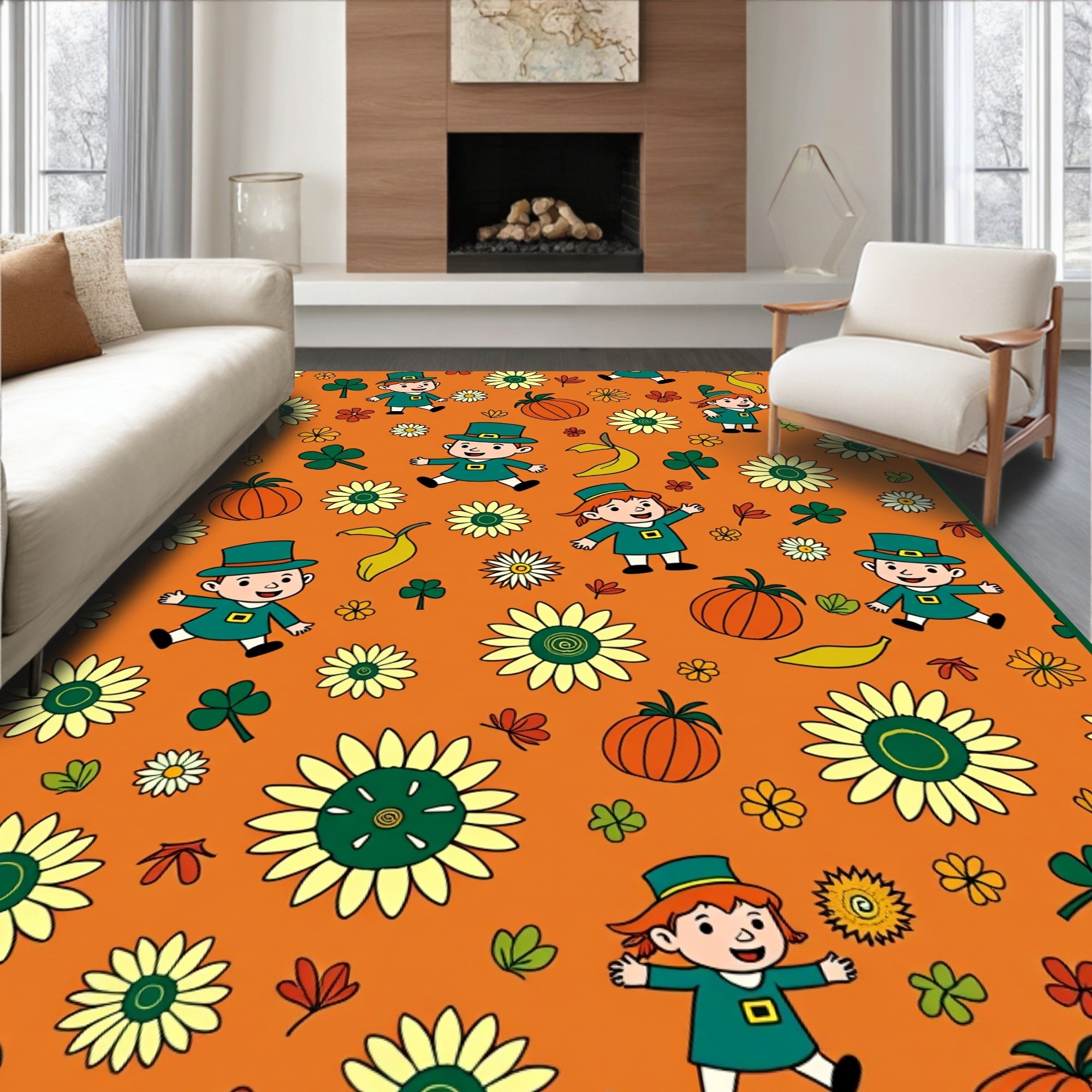 Orange Autumn Children Floral Pumpkin Rug