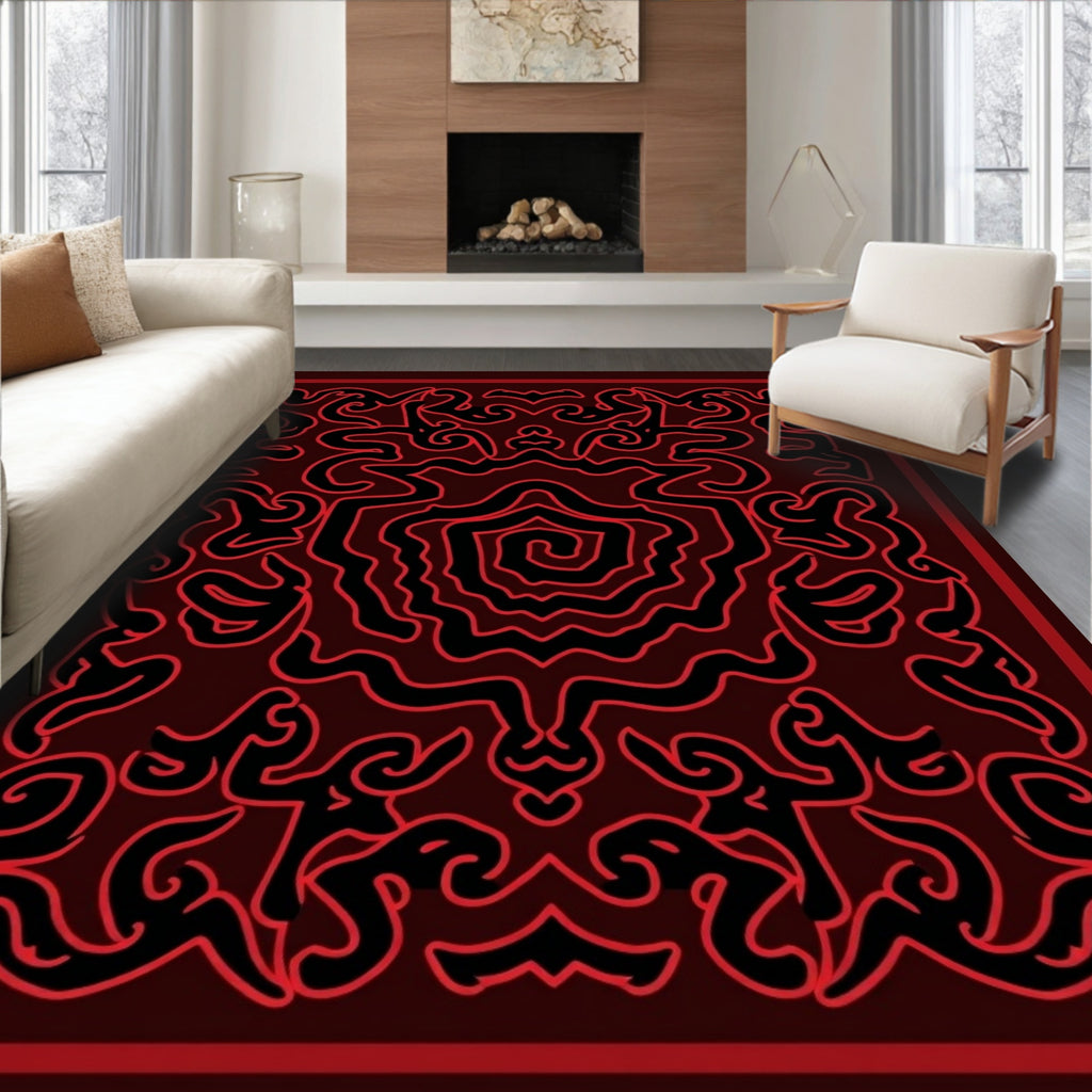 Crimson Black Abstract Swirl Rug