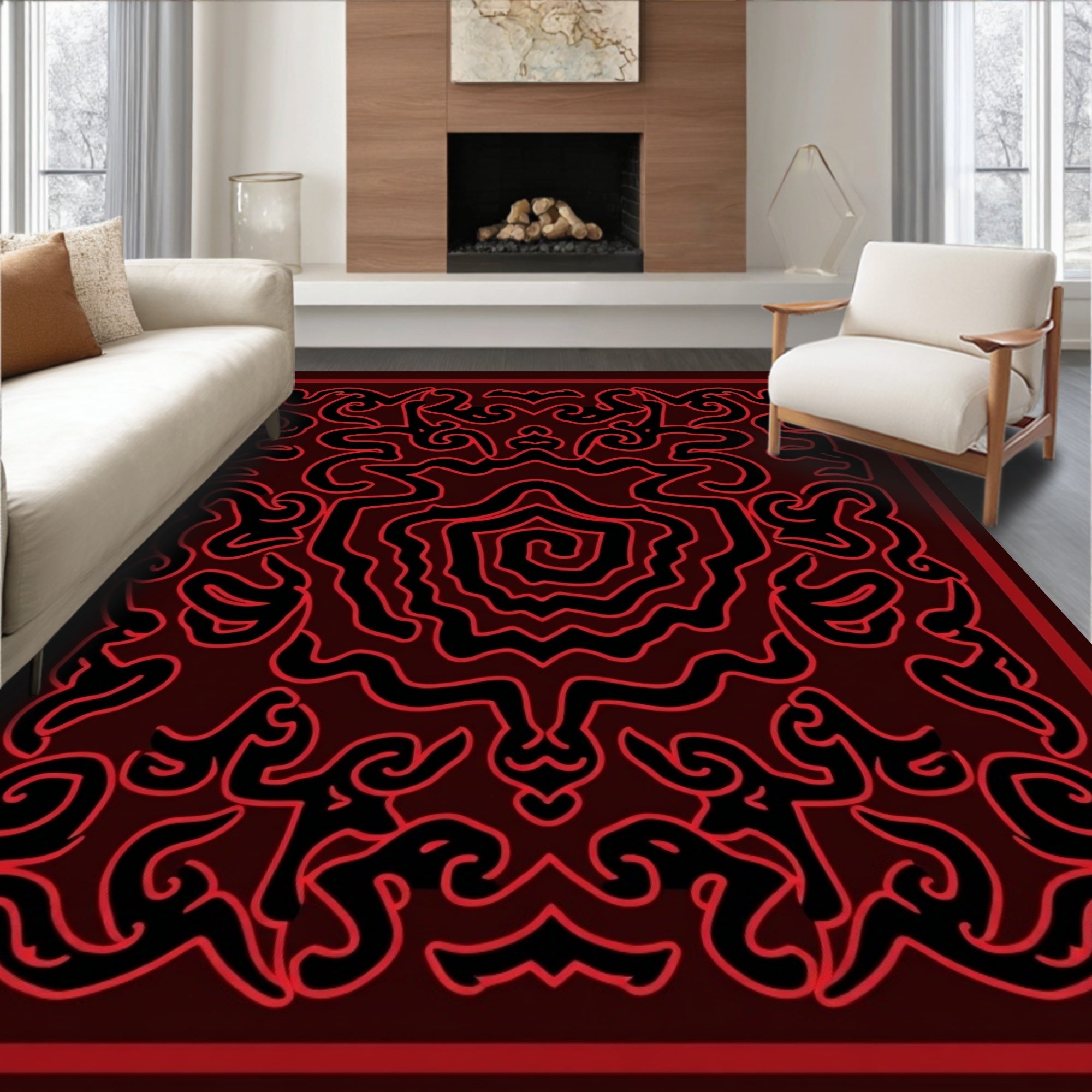 Crimson Black Abstract Swirl Rug
