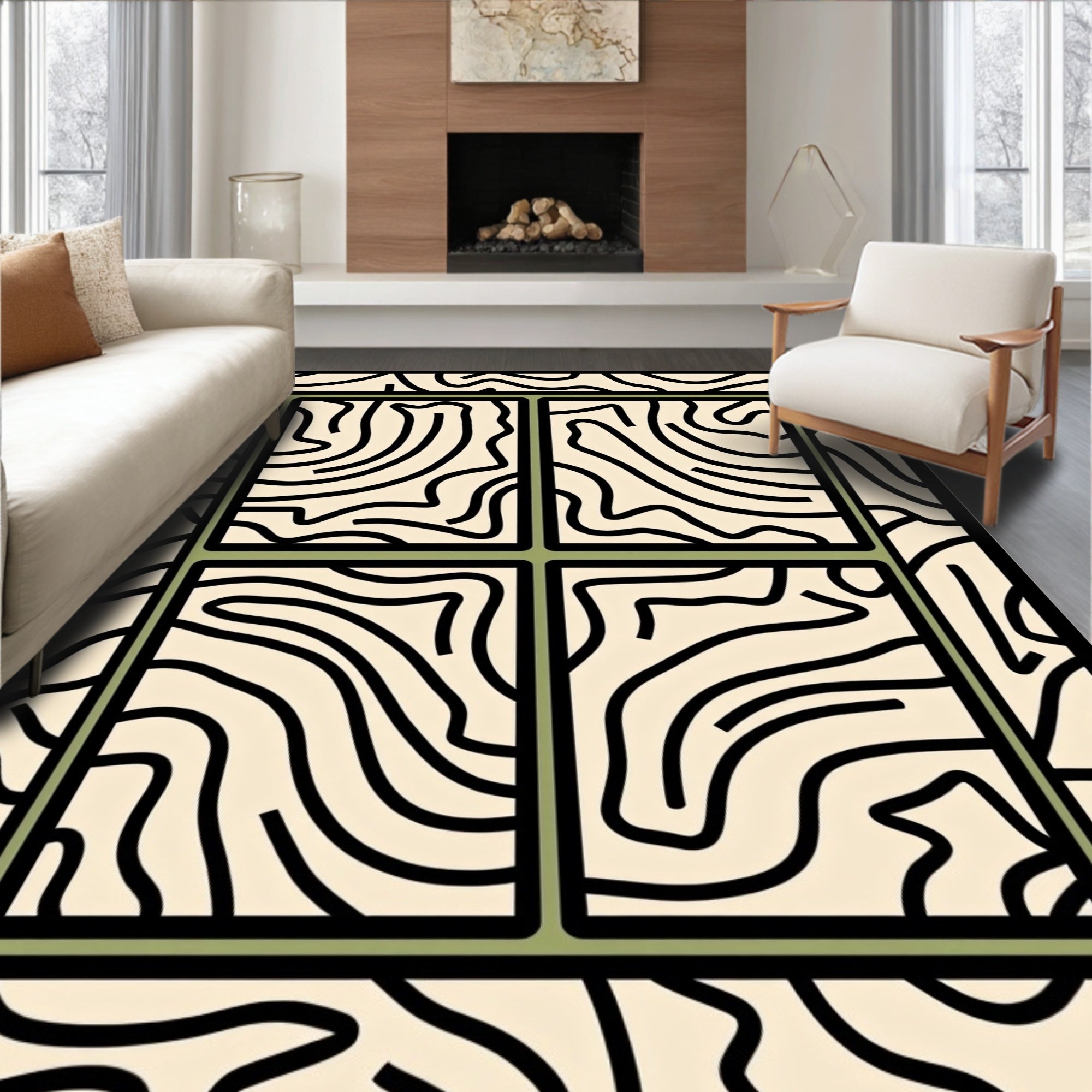 Abstract Cream Black Organic Window Rug