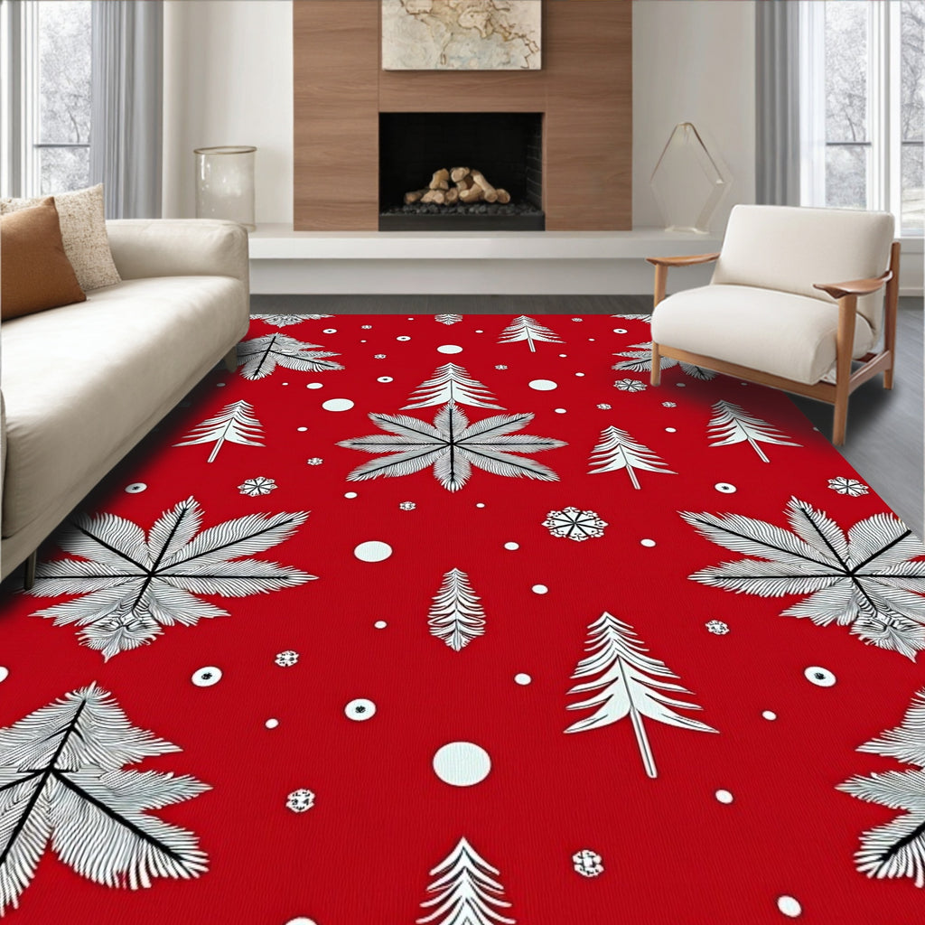 Red Abstract Winter Trees Snowflakes Rug