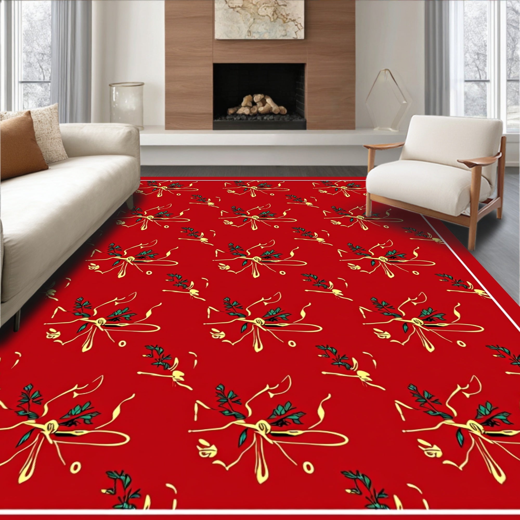 Festive Red Ribbon Green Leaf Garland Rug