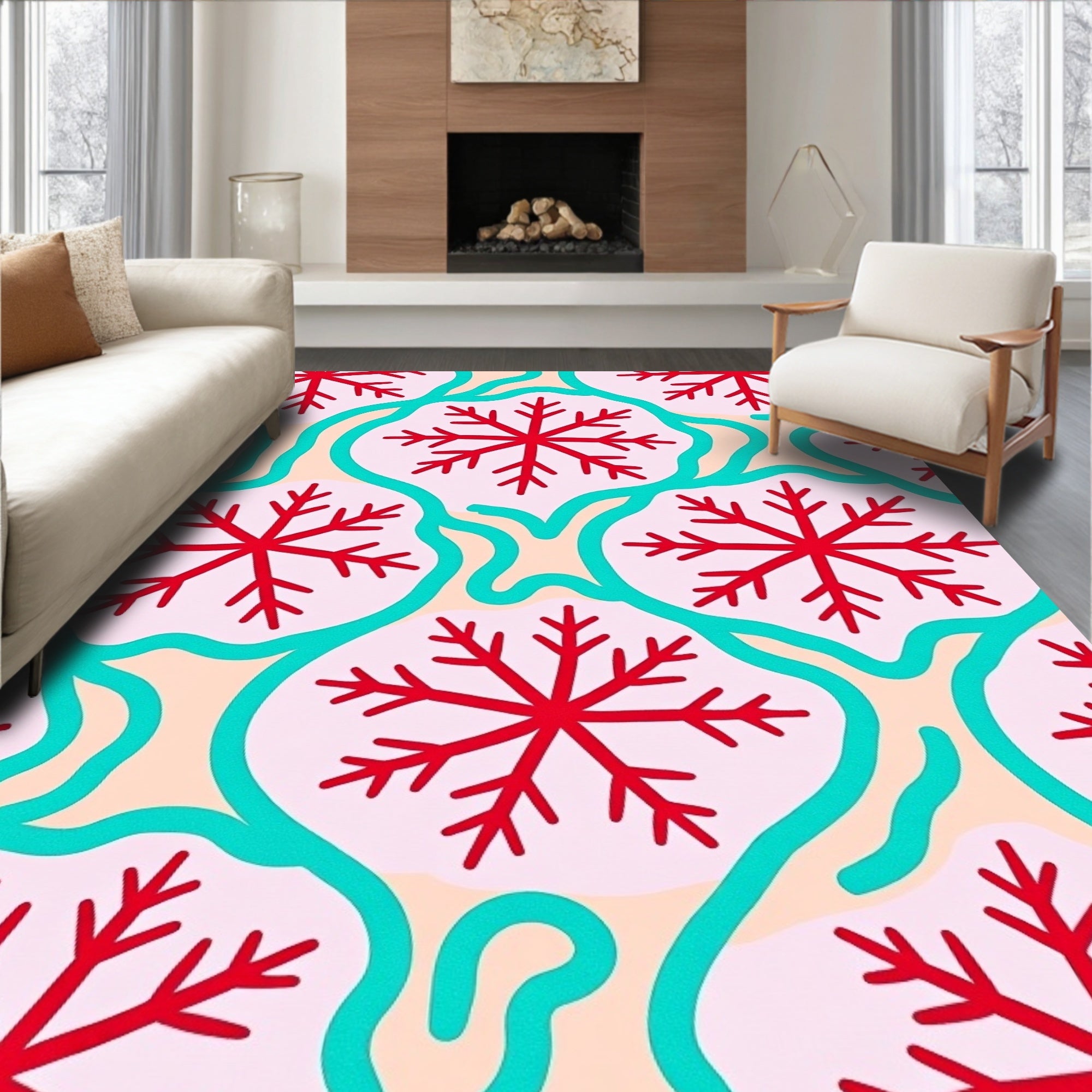Red Snowflake Teal Arabesque Cream Rug