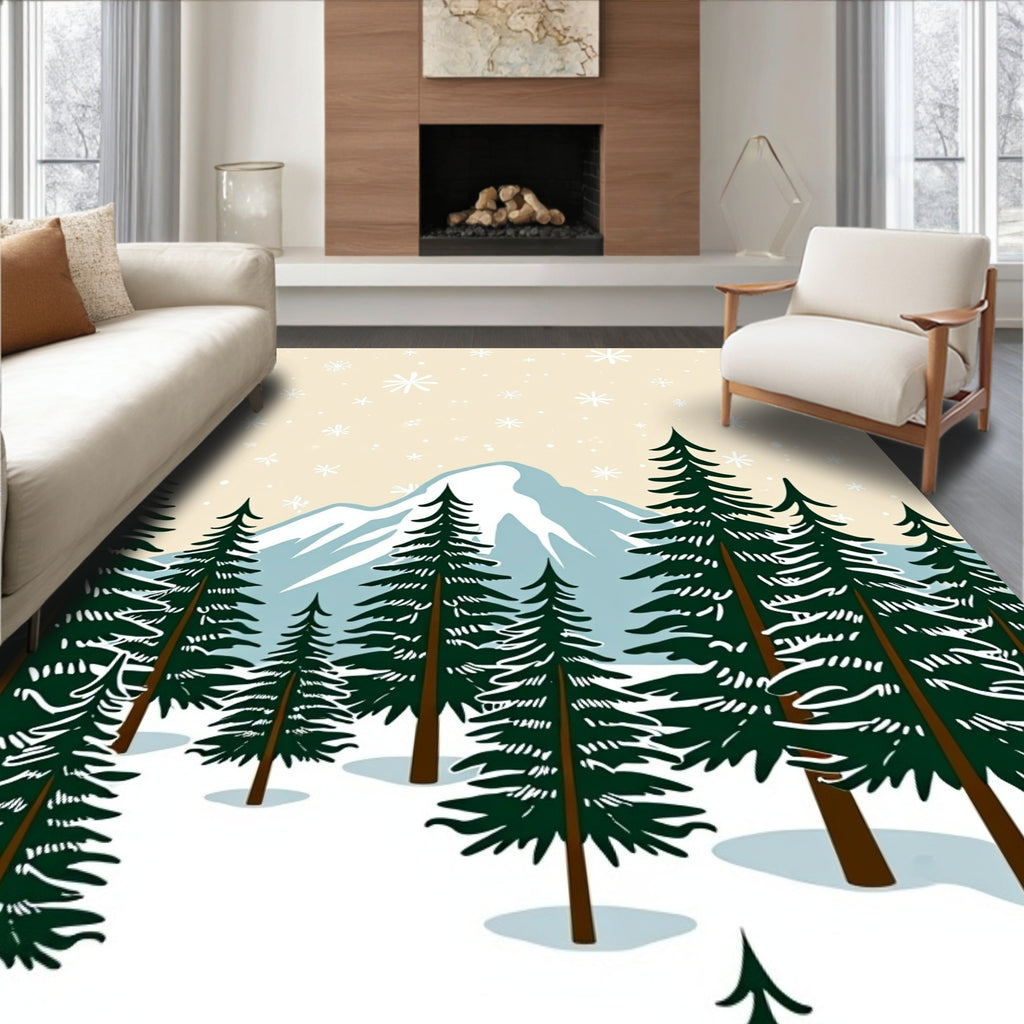 Winter Mountain Snowy Evergreen Forest Rug