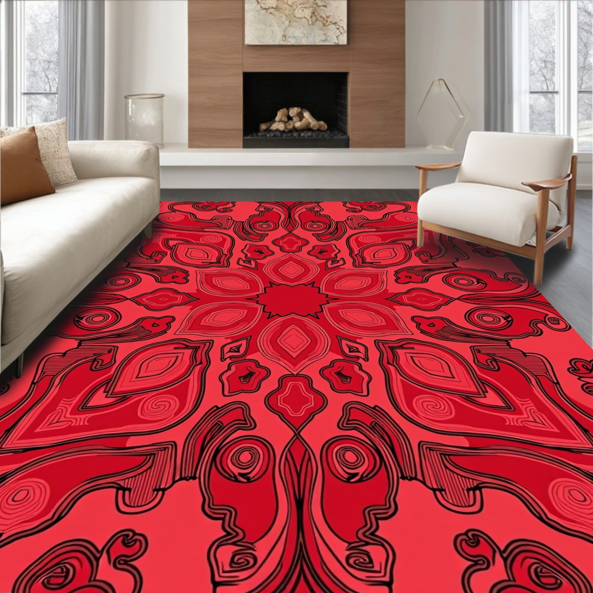 Crimson Swirl Floral Mandala Rug