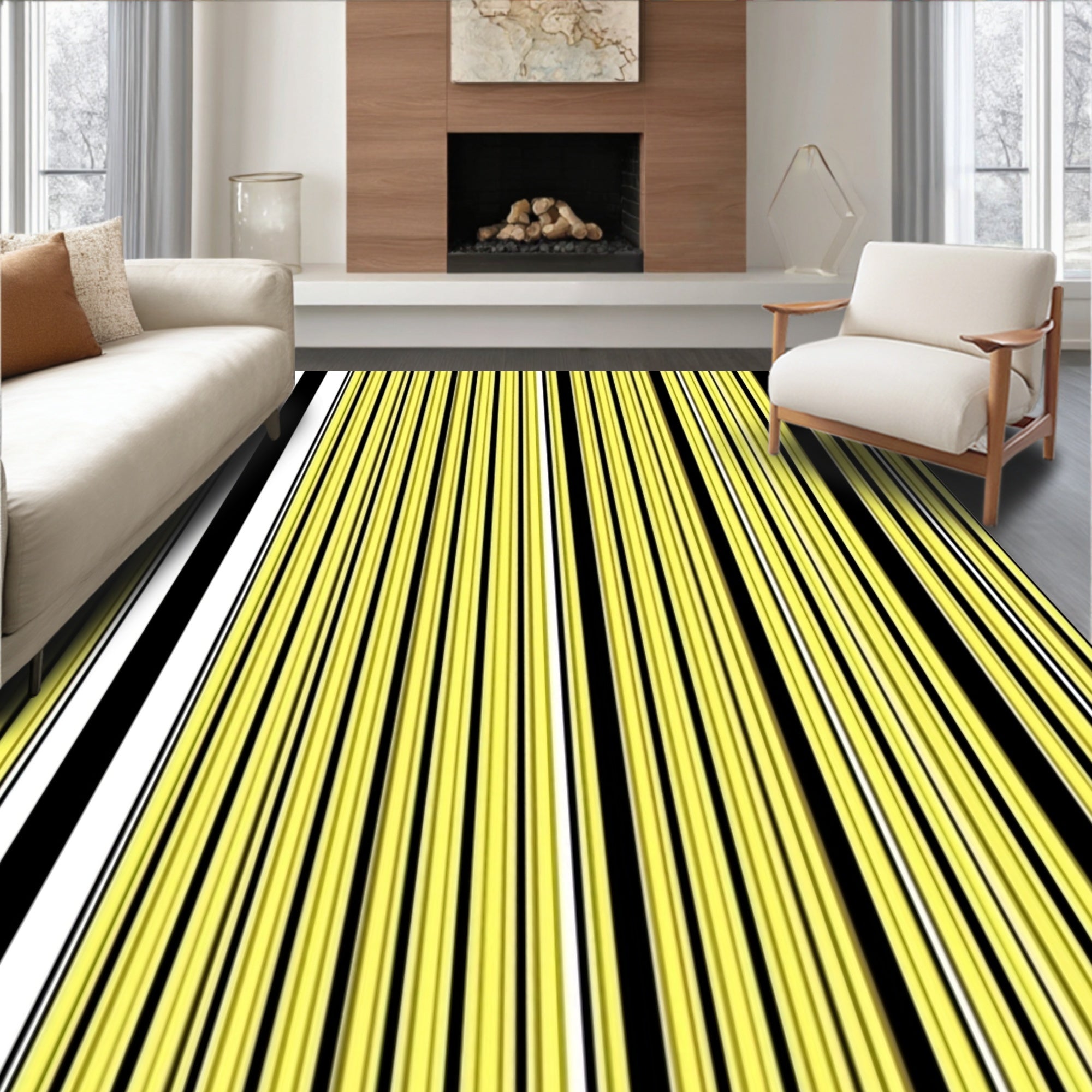Golden Yellow Black White Vertical Stripes Rug