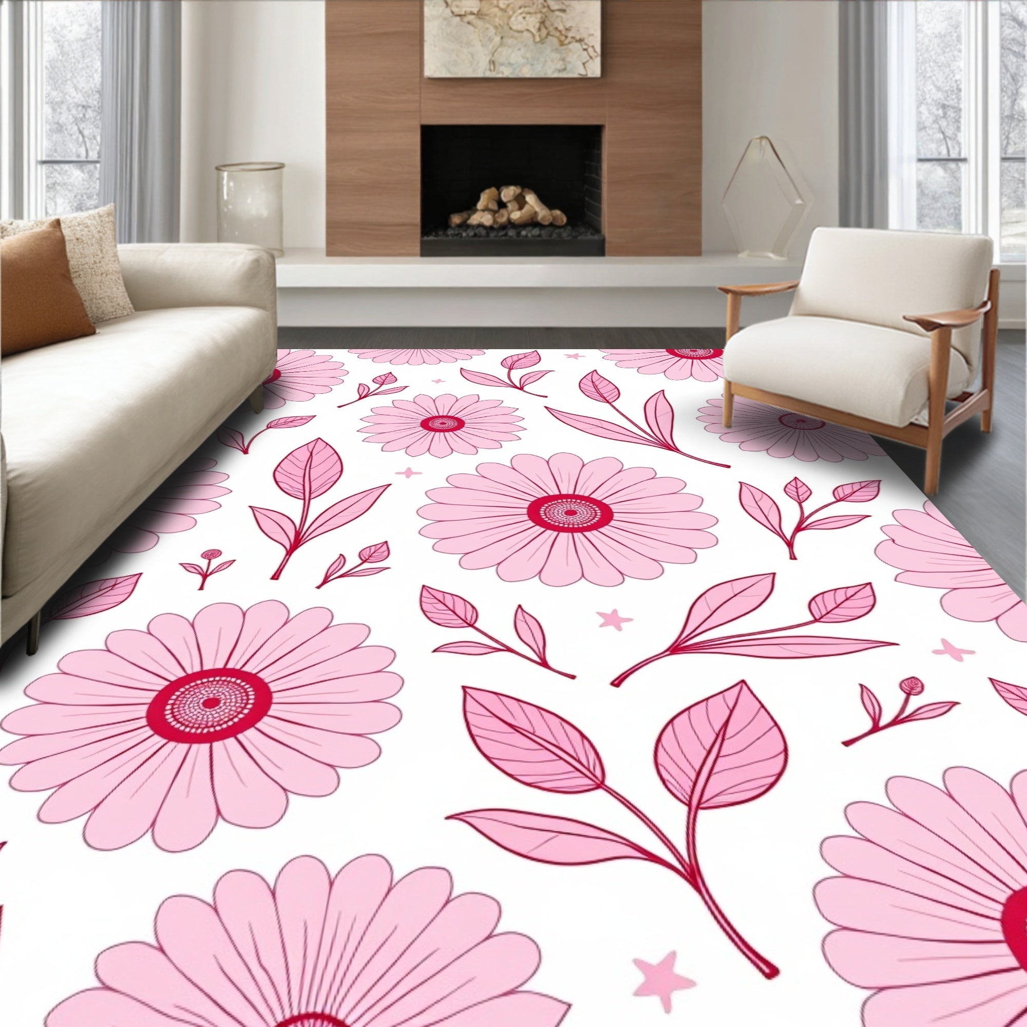 Pink Petal Daisy Branches Swirl Rug