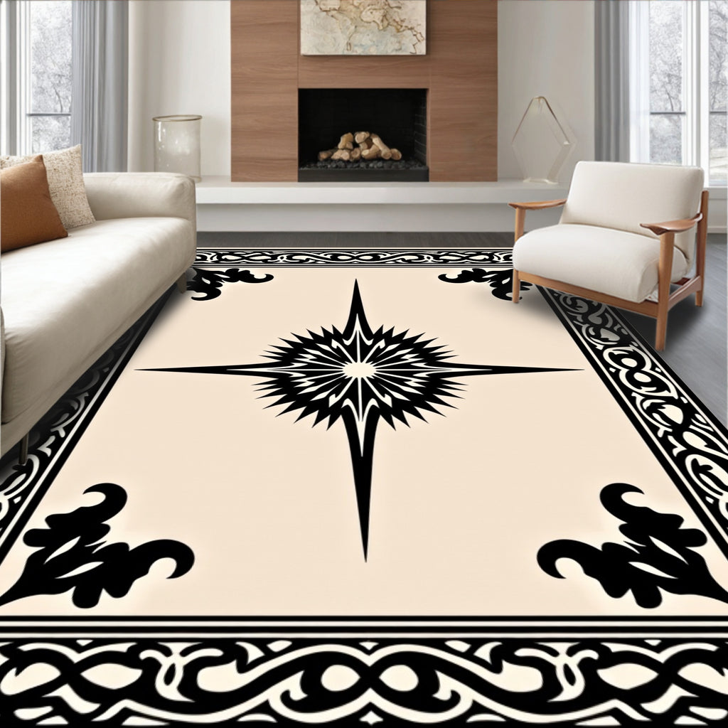 Black Starburst Medallion Beige Border Rug