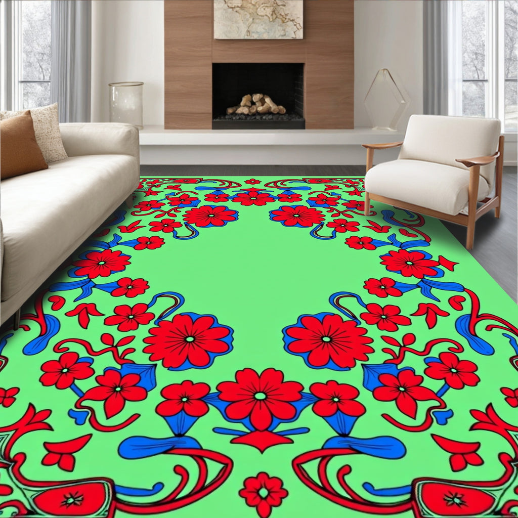 Vibrant Red Blue Floral Bloom Rug