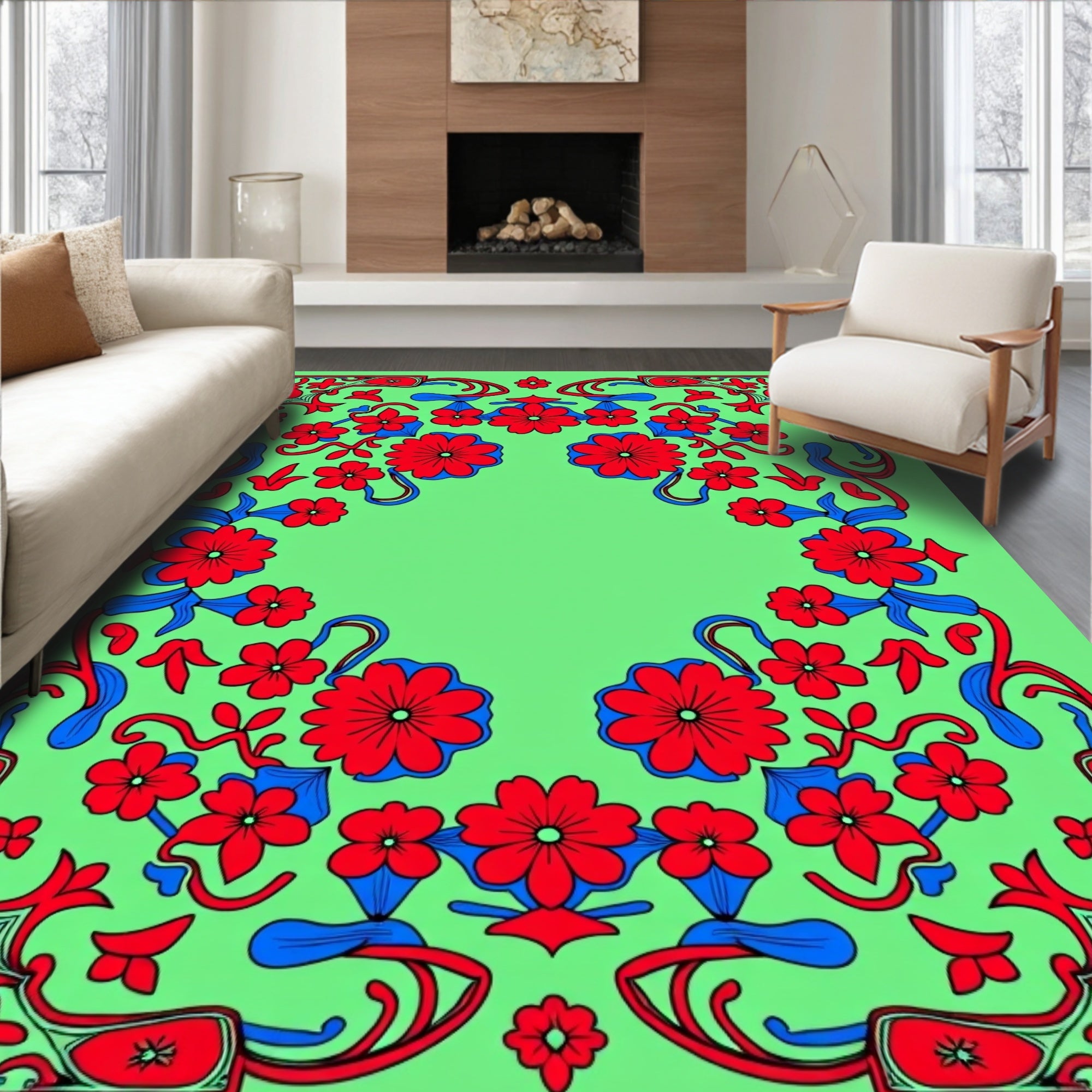 Vibrant Red Blue Floral Bloom Rug