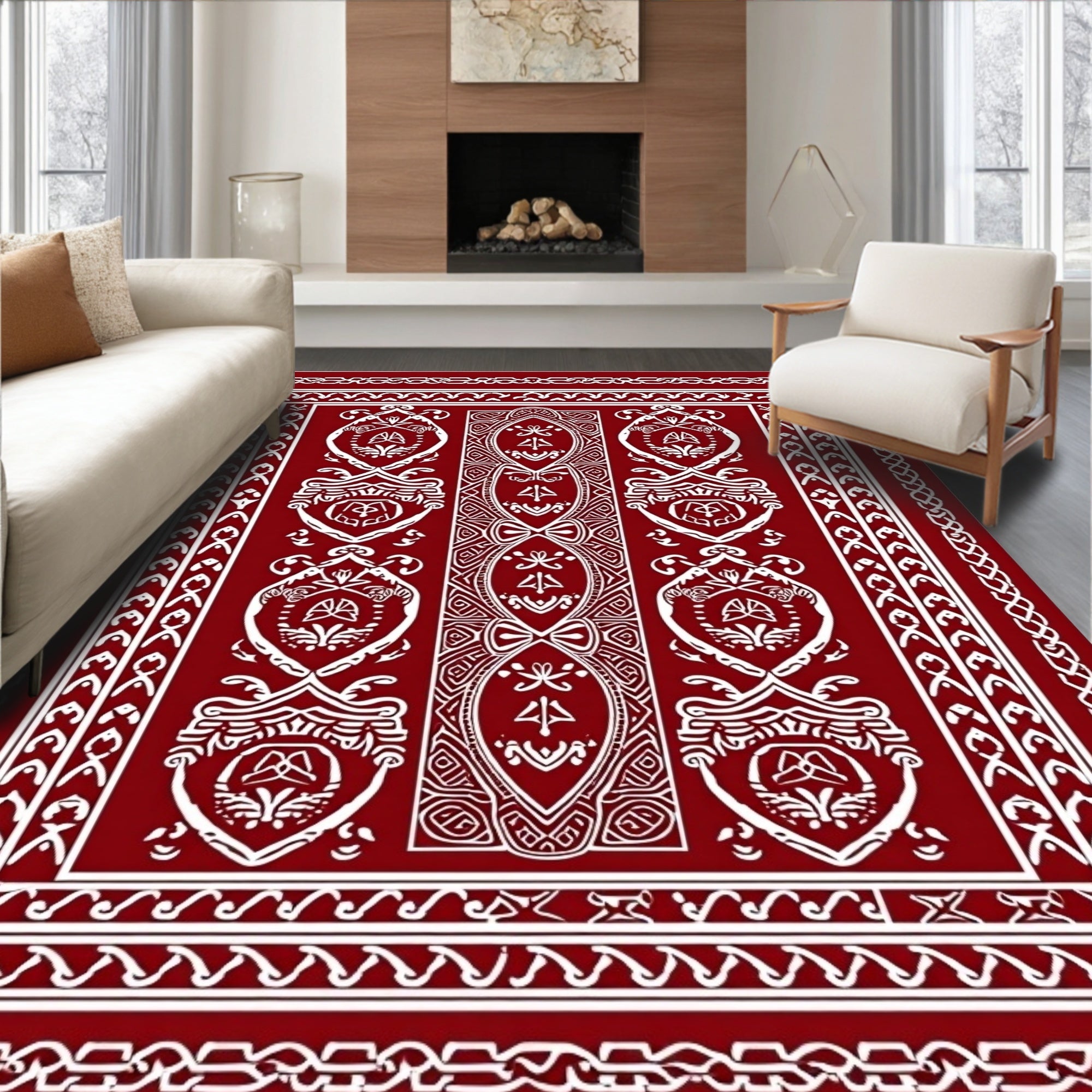 Rich Crimson and Ivory Ornamental Rug