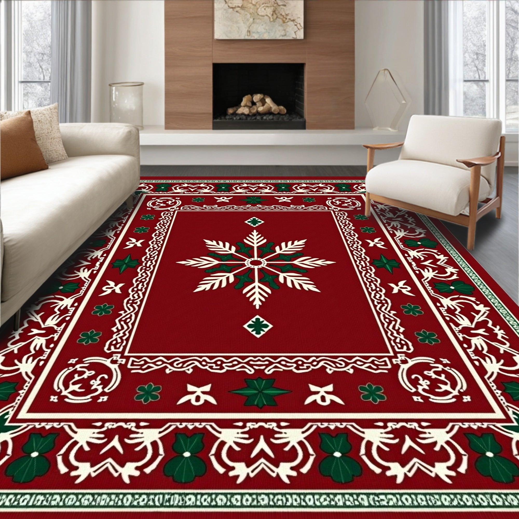 Crimson White Green Snowflake Medallion Rug