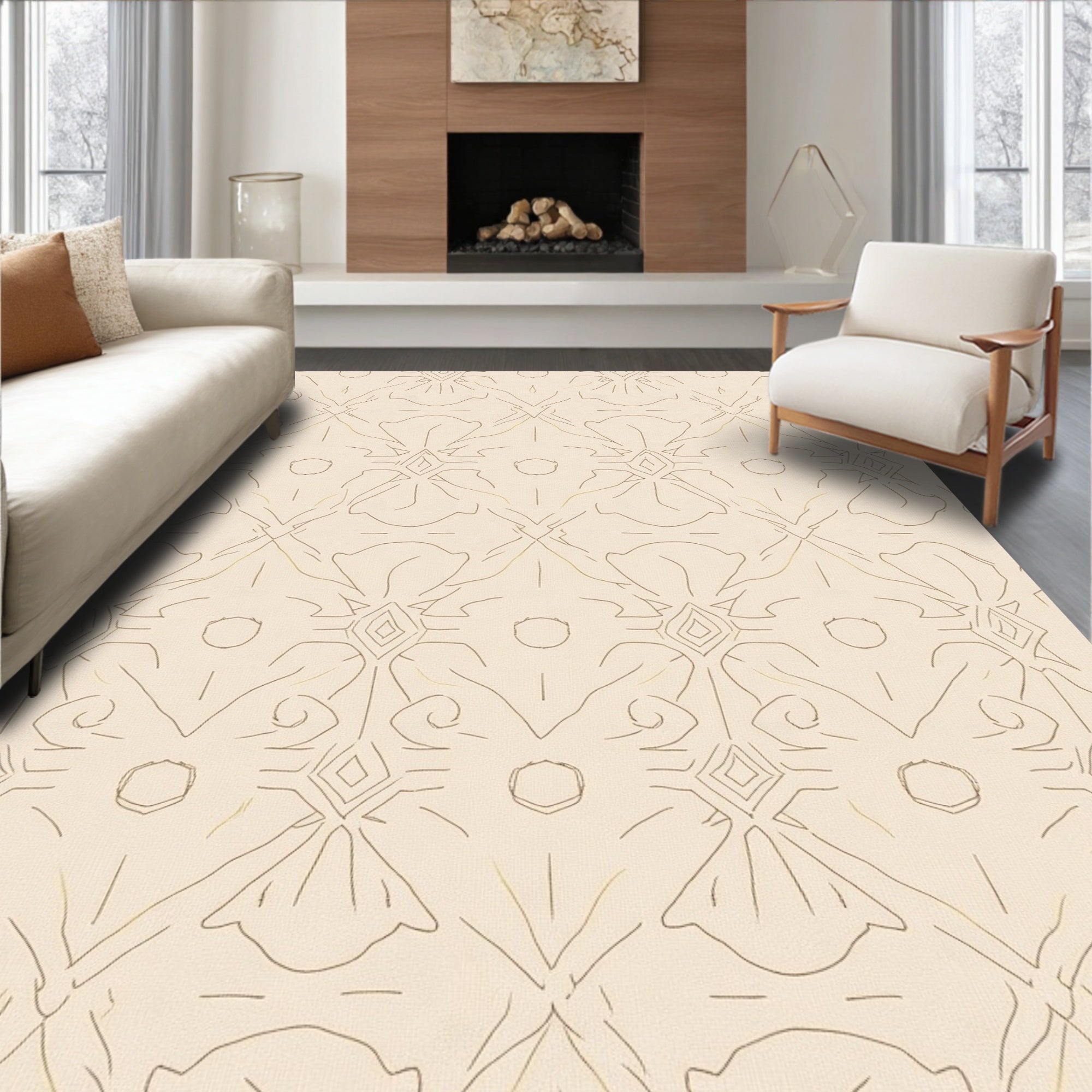 Subtle Tan Floral Medallion Outline Rug