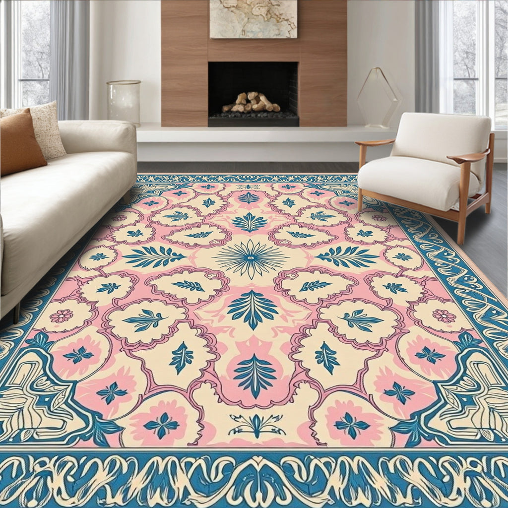 Coral Pink Teal Floral Medallion Rug