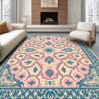 Coral Pink Teal Floral Medallion Rug