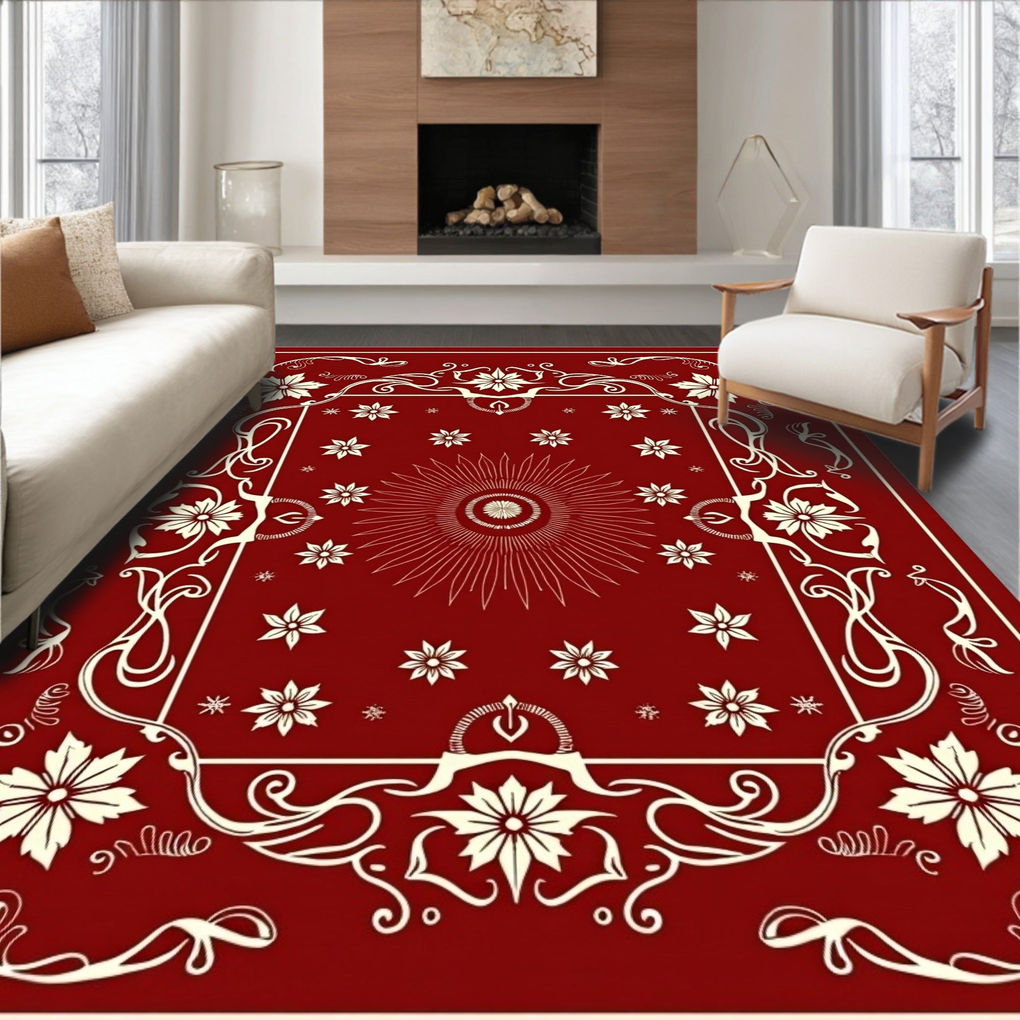 Crimson Floral Sunburst Medallion Rug