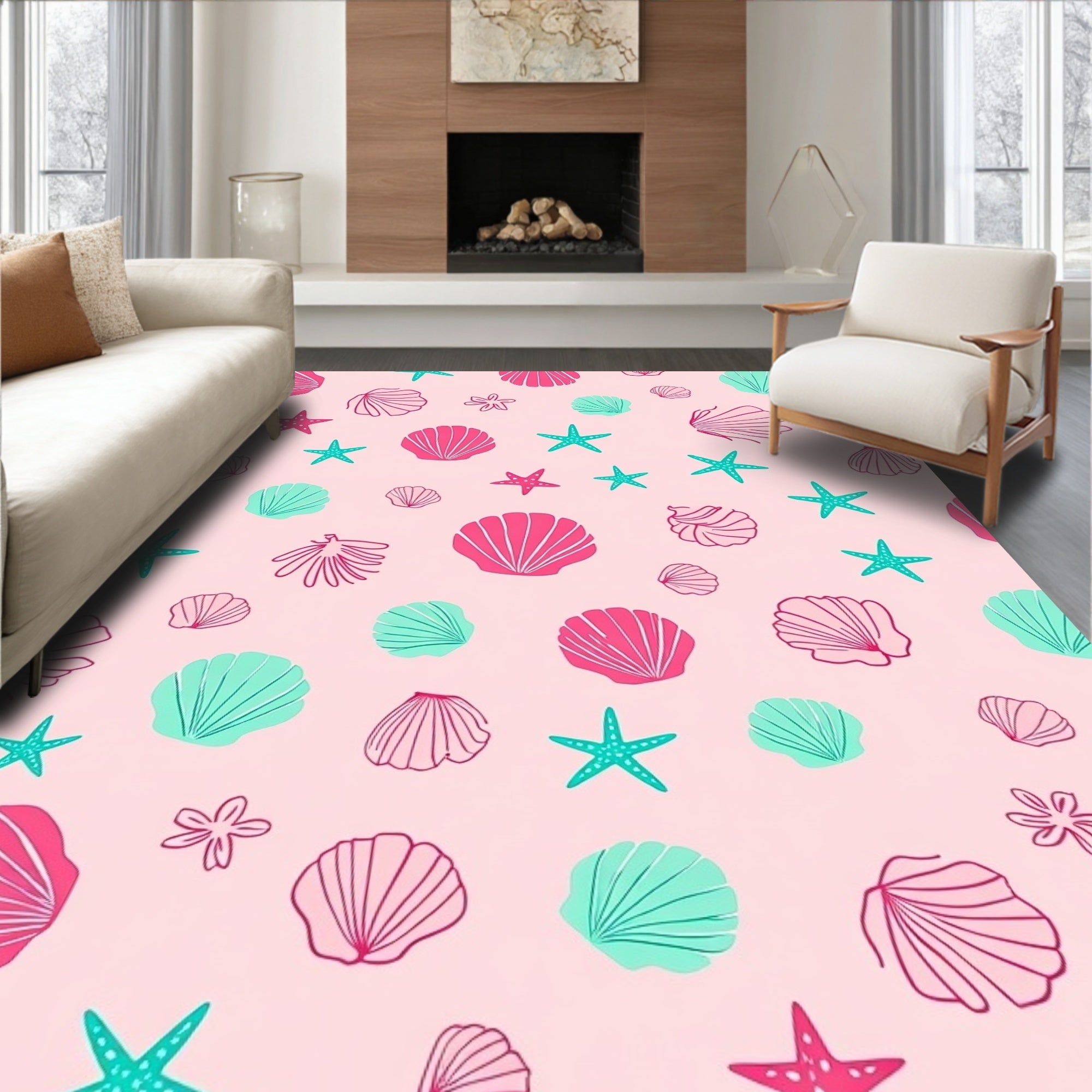 Pink Teal Seashell Starfish Abloom Rug