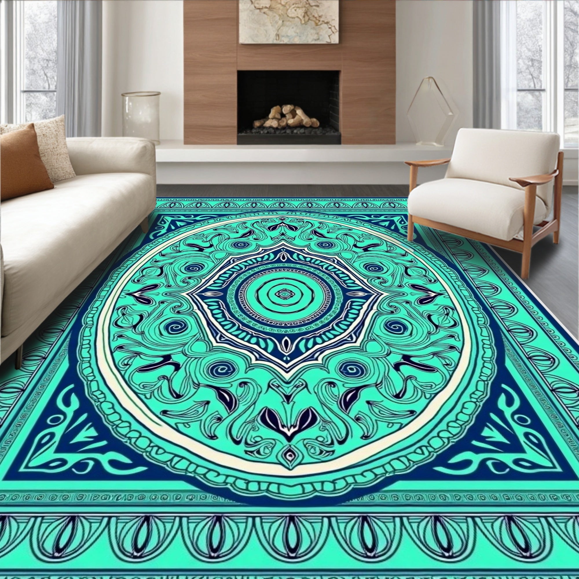 Teal Deep Blue Intricate Medallion Rug