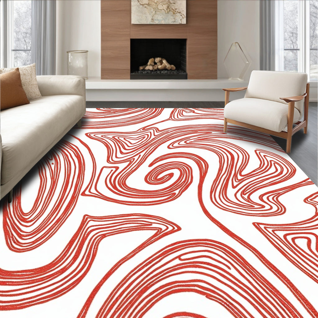 Coral Red Swirling Abstract Lines Rug