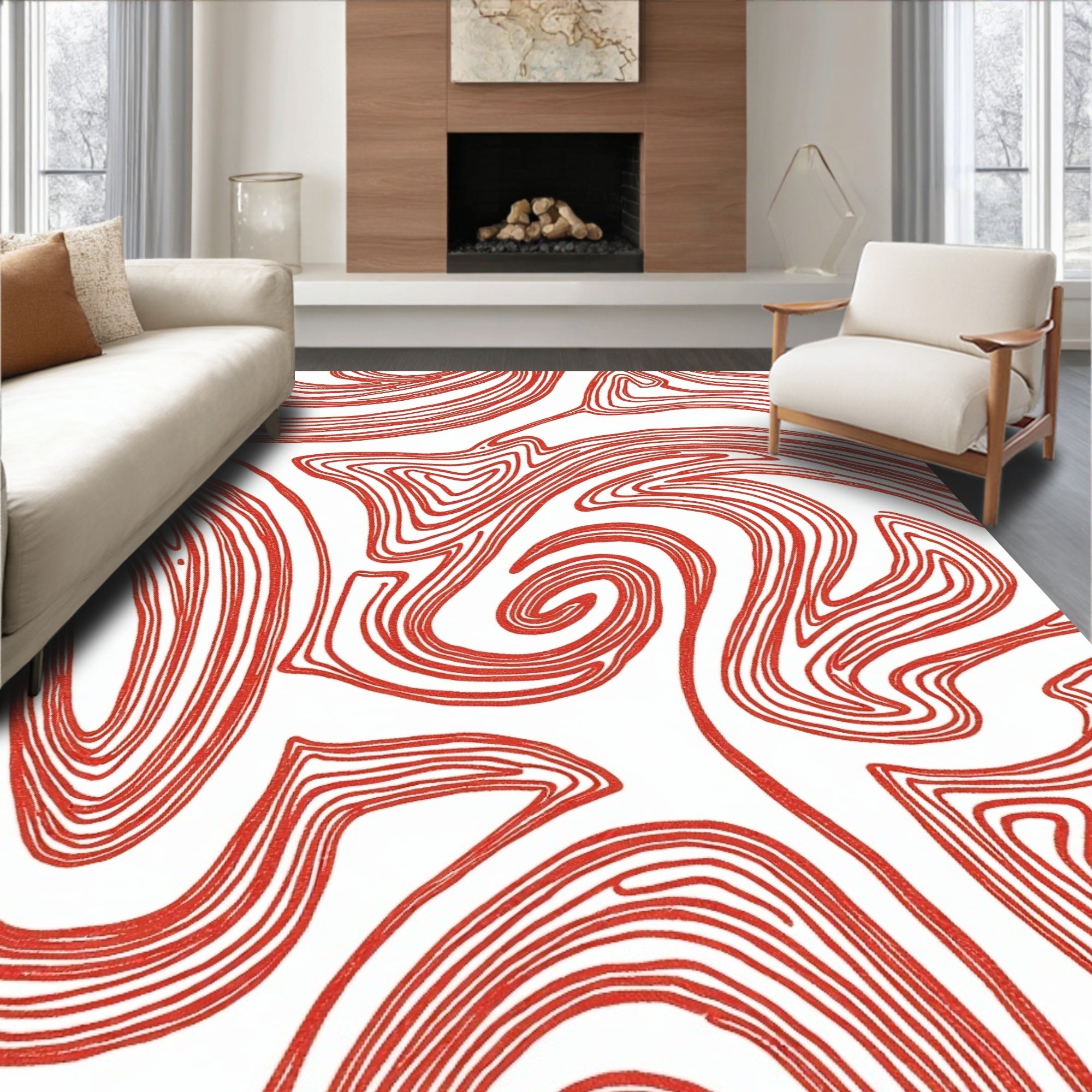 Coral Red Swirling Abstract Lines Rug