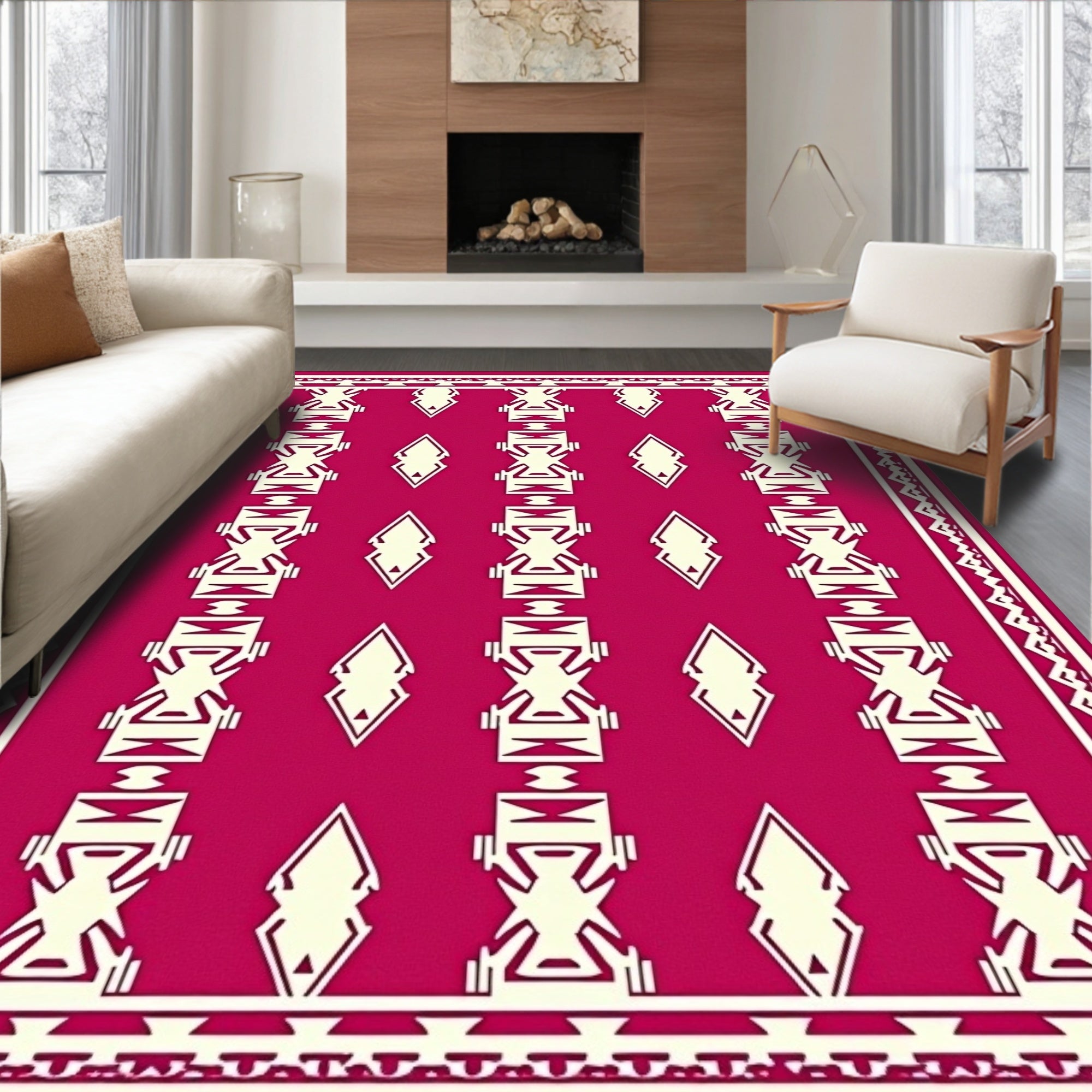 Raspberry Cream Tribal Diamond Border Rug