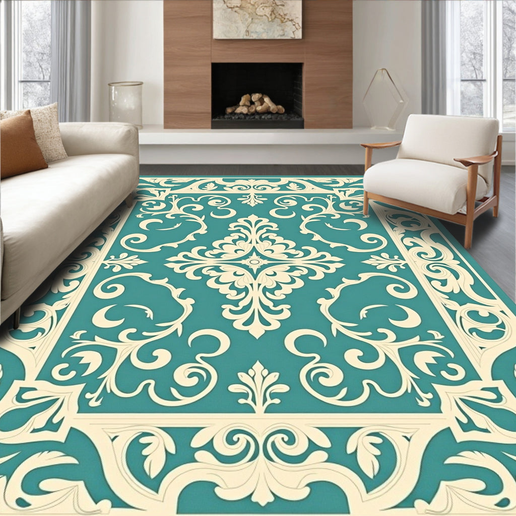 Teal Ivory Ornate Scrollwork Medallion Rug