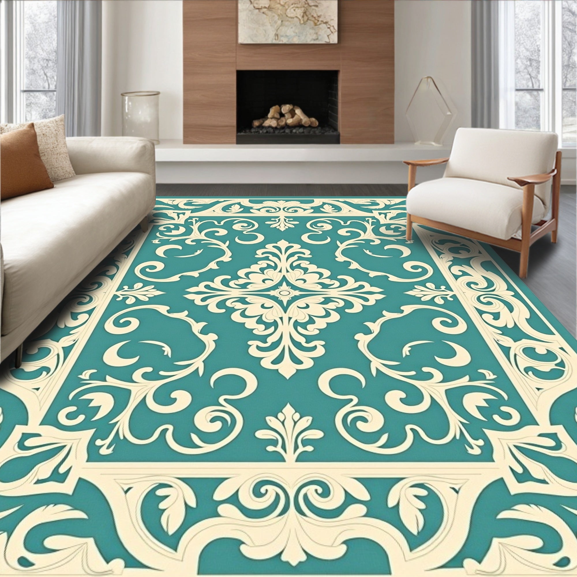 Teal Ivory Ornate Scrollwork Medallion Rug