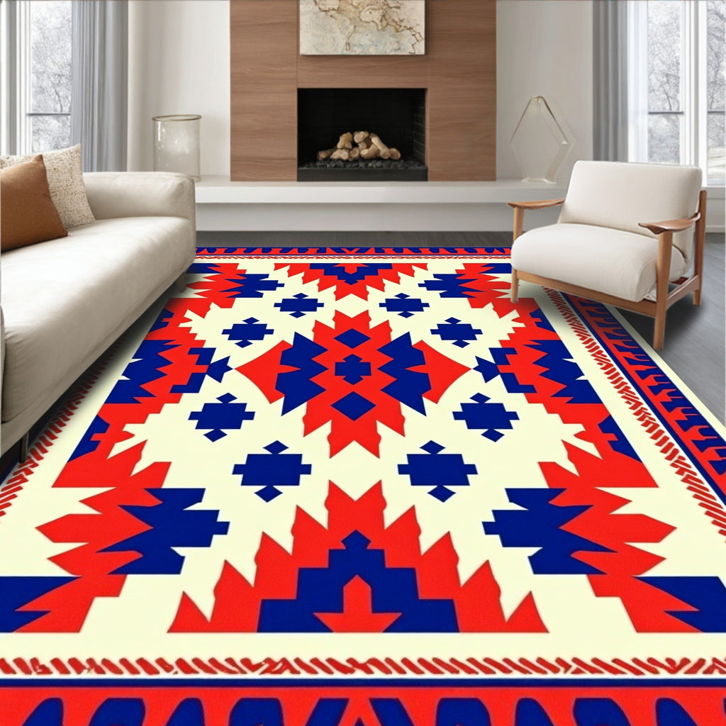 Crimson Blue Geometric Sunburst Rug