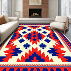 Crimson Blue Geometric Sunburst Rug