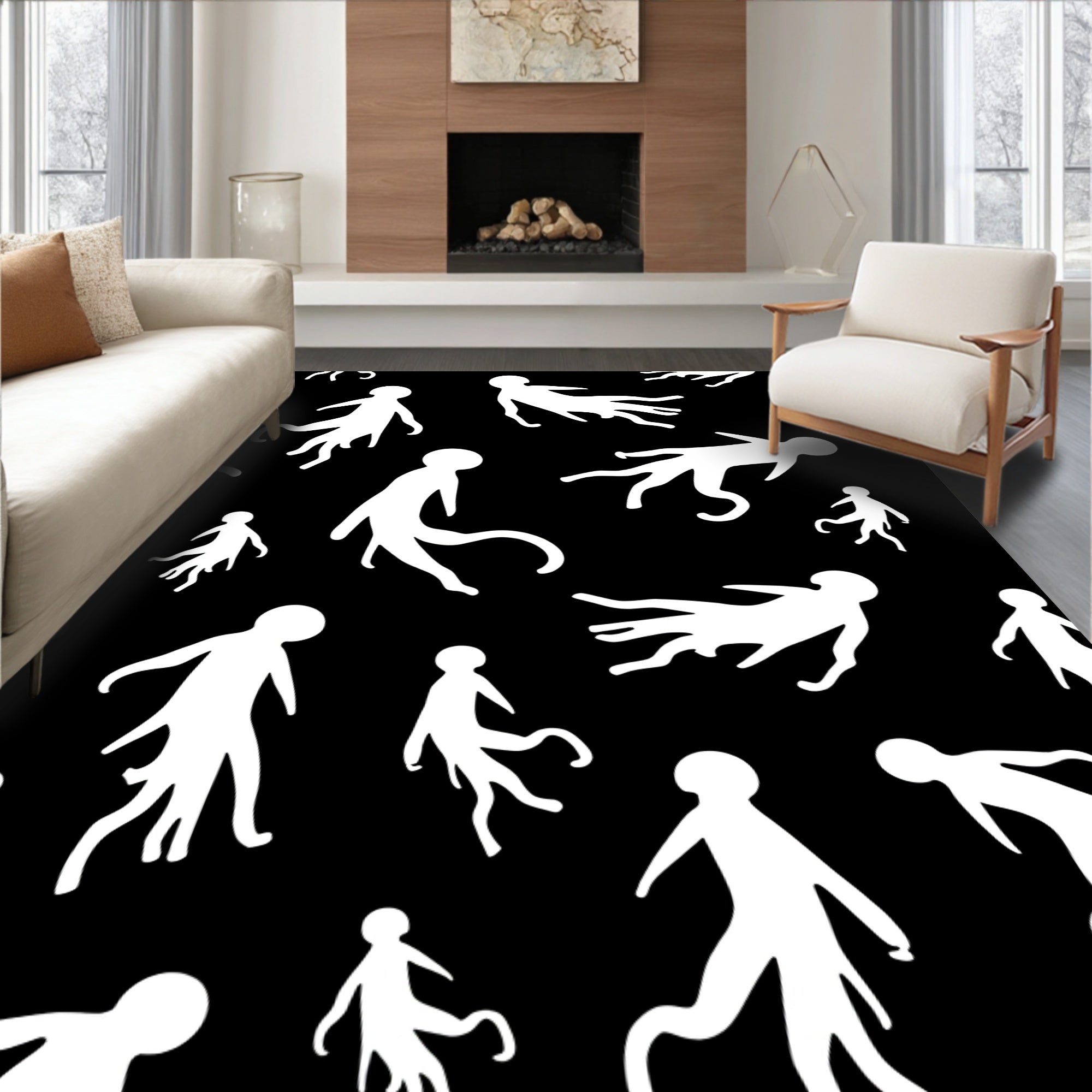 White Figures on Black Background Rug