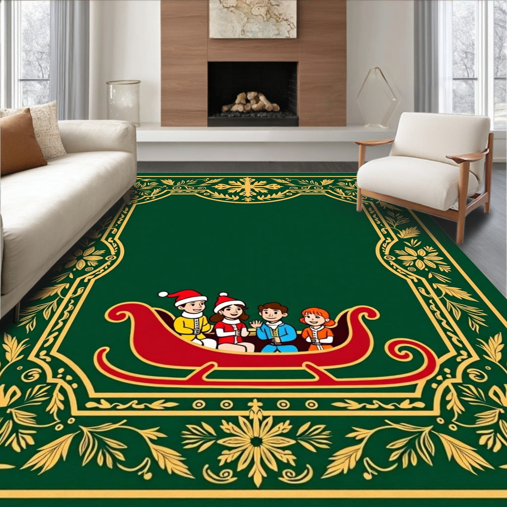 Festive Green Gold Sleigh Children Border Rug