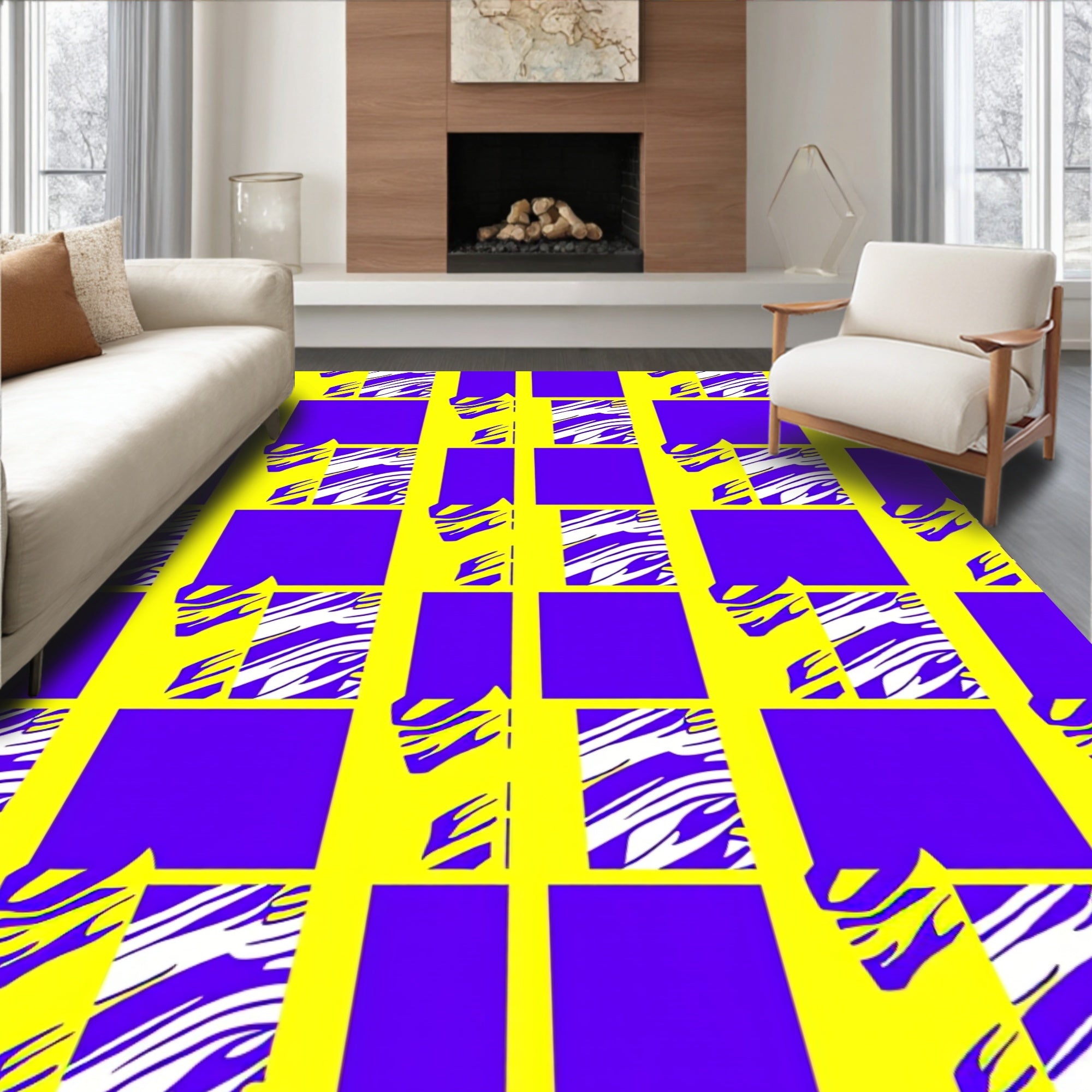 Bold Yellow Purple Abstract Checkered Rug