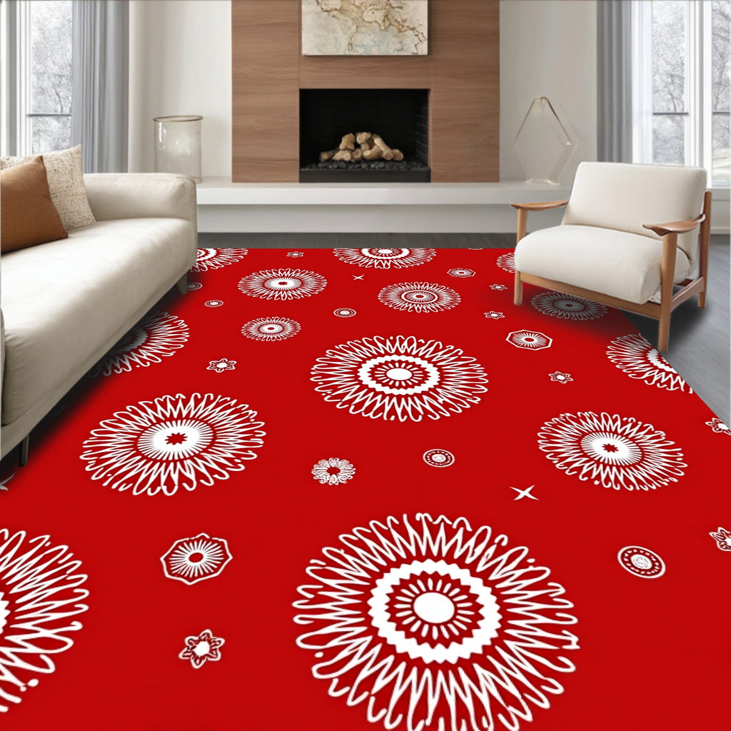 Crimson White Floral Burst Collage Rug