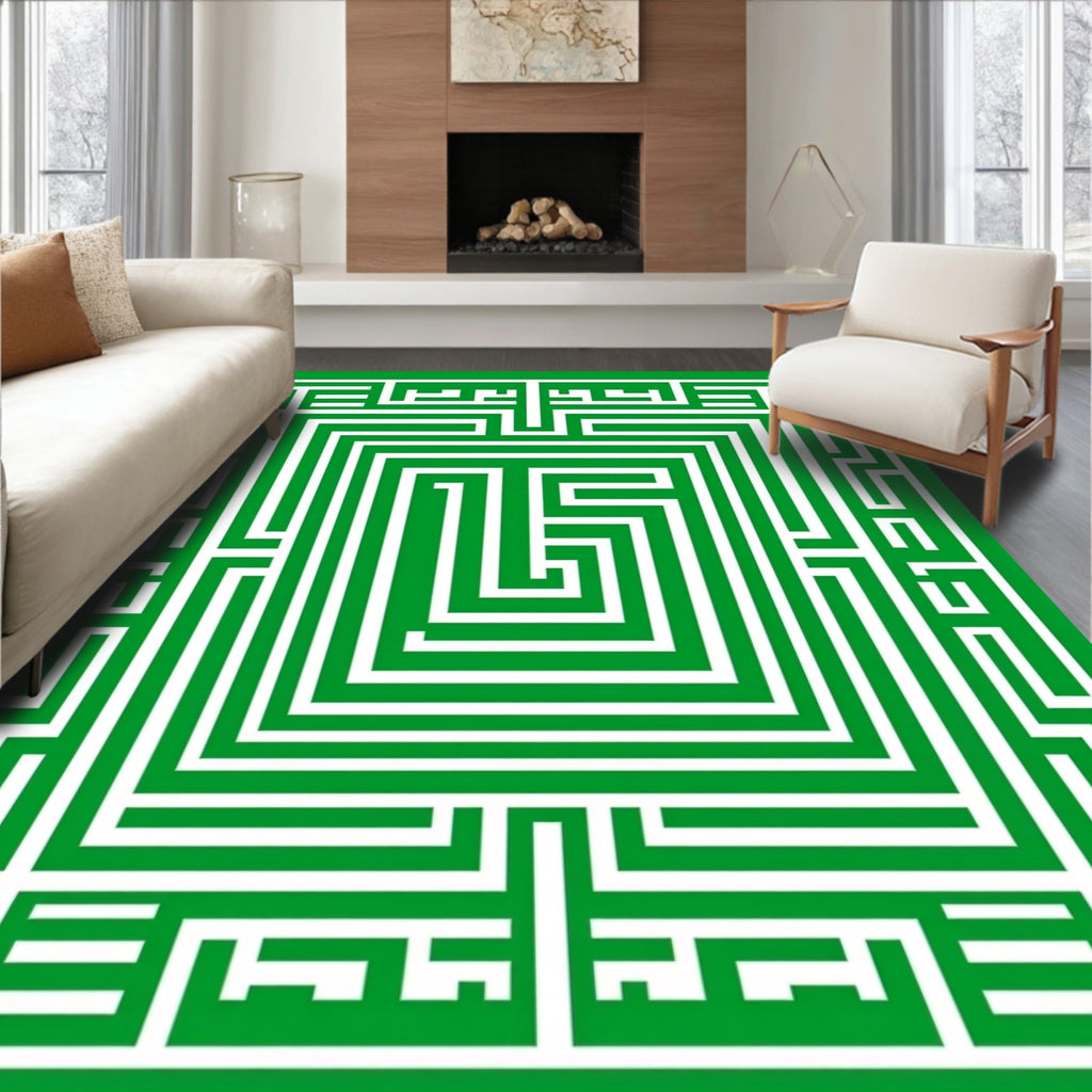 Green White Maze Geometric Garden Rug