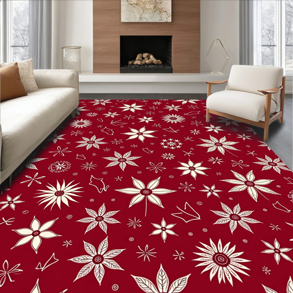 Crimson Cream Botanical Flower Medley Rug