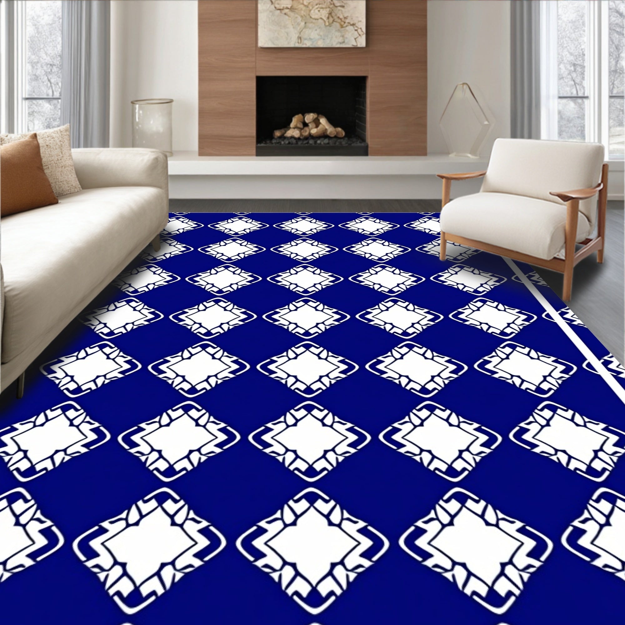 Deep Blue White Diamond Lattice Rug