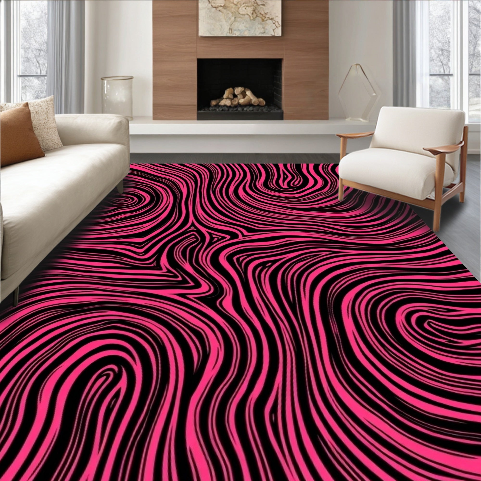 Bold Pink Black Swirl Rug