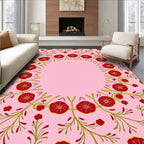 Crimson Red Floral Vines Pink Rug