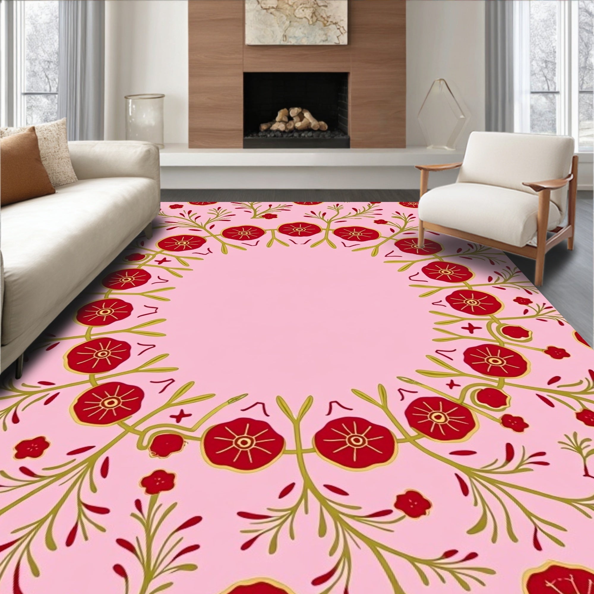 Crimson Red Floral Vines Pink Rug