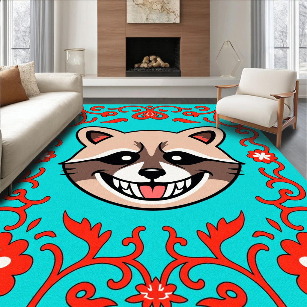 Cheshire Raccoon Teal Floral Scroll Rug
