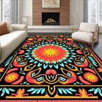 Vibrant Coral Yellow Black Floral Medallion Rug